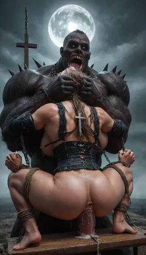 1woman, she-devil, demon, ugly, scary, dark, beast, uneasy, macabre, evil, goddess of hell, demonic, Black, wings, monster, scary creature, apocalypse, rapture, hell, hell on earth, apocolyptic scene of destruction, extremely intricate detail, best quality, view from side, award winning photo, (in a bloody filed after a battle, white full moon in the sky:1.4), (man is choking her from behind:1.4), ((hogtied, bound with large chains, crucified to a torture table, spikes through hands:1.3)), (torture:1.32), (large sharp sword in anus:1.12), cock in mouth, (brutal face fuck), Blowjob, (tears in eyes:1.5), (running makeup), (cum drips from nose:1.3), (cum drips from mouth:1.3), ultra hd, photorealistic, hyper gigantic large black cock in mouth, (((hyper gigantic large black cock in mouth:1.3))), oral cream pie, hair grab, sad crying, tongue out, gasping for air, zavy-brbrn, gangbang, double anal penetration, anal spitroast, groupsex, deepthroat, (4 gigantic African black brute thug, huge trunklike arms, huge head, hyper muscular body, dressed in slave clothes:1.32), ((hogtied, bound for sex, tied up)), (((hyper gigantic large white cock in mouth:1.3))), (pulled nipples:1.2), nipple clamps, (((spitroast))), (((hyper large cock in mouth:1.3))), screaming, shocked, deep anal penetration, Uber realistic, 8k, ultra detailed, masterpiece, arched back, detailxl, 35mm photograph, film, professional, 4k, 1girl, 5 boys, hdr, photographic, ultra realistic, ultra high details, back light, (front view), (dynamic pose), incredibly lean body, anal sex, with large muscular black men, gargantuan black cocks, large hyper muscular fat old men, (double anal sex), swollen white veiny cocks, (double anal penetration), hardcore double penetration, proper physics, big white cocks, muscular white double anal gangbang, (forceful penetrations), extremely graphic, shocked expression, beautiful hands, defeating a woman in combat, fighting, killing, blood, winning fight, magazine cover, Realism_Quality_2xx_By_Stable_Yogi, score_9, score_8_up, score_7_up, (((very pretty face:1.3))), (((extremely ultra detailed face:1.3))), perfect fingers and hands, upper body view, (extreme size difference:1.6), (ultra realistic), (maximum quality), (high resolution), (extreme detail), (ultra realism), UHD, super high quality, highly detailed, high resolution, perfect lighting, natural lighting, (dynamic angle), (random angle), (random pose), (dynamic view), (random view), golden hour, rich details, nature-inspired color palette, <lora:demonXL:2>, <lora:842553_training_data:2>, <lora:DonM3v1lM4dn355XL-v1.1-000012:2>, <lora:DonMD34thM4g1cXL_v3.0-000015:2>, <lora:zavy-brbrn-sdxl:2>