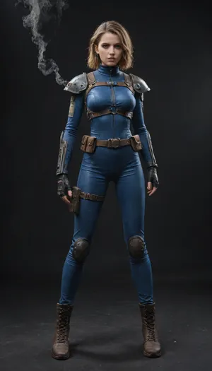 Fallout, Vault Girl, blue jumpsuit with leather shoulder harness and leather protective pads, long legs, symbolism, full-length, sketch, graphic, gray-brown, black background, smoke, cell-shading, traces of movement visualization, acceleration effect, Wet watercolor sketch streaks, Cyberpunk, Grunge, The harsh strokes of eroticart, Arush Votsmush