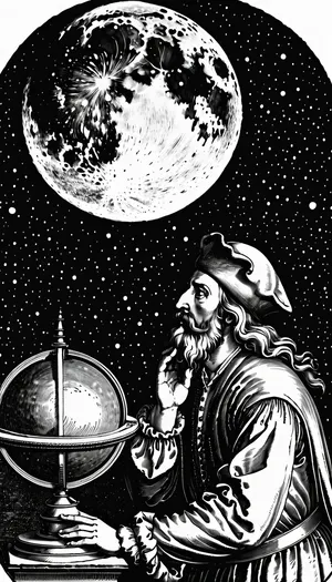 18th century monochrome engraving, an astronomer in an observatory observes a comet, telescope, focus on face, beard, beret, (comet:1.2), moon, zodiac, YFG-Durer, durer, engraving, <lora:DURER-01:.8>