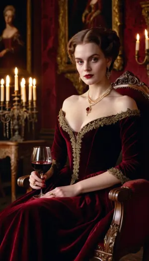 8k, masterpiece, Cinematic style of Stanley Kubrick's Barry Lyndon, dramatic candlelit lighting, medium shot portrait of a beautiful vampire girl, wearing an elaborate 18th century burgundy velvet gown with deep decollete and thigh-high slit revealing her pale graceful legs, intricate gold embroidery, pearl jewelry, pale porcelain skin, crimson lips, piercing red eyes, mysterious smirk, sitting in chair, holding a crystal glass of blood-red wine, grand Gothic castle interior with dark tapestries and antique furniture, chiaroscuro lighting, atmospheric, photorealistic, <lora:Kubrick_FLUX:.8>