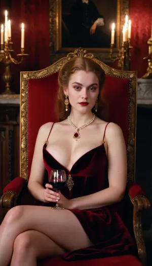 8k, masterpiece, Cinematic style of Stanley Kubrick's Barry Lyndon, dramatic candlelit lighting, medium shot portrait of a young vampire girl, wearing an elaborate 18th century burgundy velvet gown with deep decollete and thigh-high slit revealing her pale graceful legs, intricate gold embroidery, pearl jewelry, pale porcelain skin, crimson lips, piercing red eyes, friendly smile, busty, cute face, reclining in chair, (holding a crystal glass of blood-red wine:1.2), grand Gothic castle interior with dark tapestries and antique furniture, chiaroscuro lighting, atmospheric, photorealistic