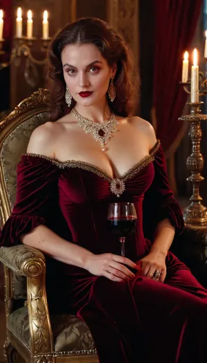 8k, masterpiece, Cinematic style of Stanley Kubrick's Barry Lyndon, dramatic candlelit lighting, medium shot portrait of a busty vampire girl, wearing an elaborate 18th century burgundy velvet gown with deep decollete and thigh-high slit revealing her pale graceful legs, intricate gold embroidery, pearl jewelry, pale porcelain skin, crimson lips, piercing red eyes, friendly smile, reclining in chair, (holding a crystal glass of blood-red wine:1.4), grand Gothic castle interior with dark tapestries and antique furniture, chiaroscuro lighting, atmospheric, photorealistic