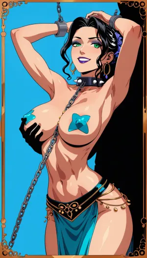 w3st3rnc0m1c, westerncomic, western comic art style, score_9, score_8_up, score_7_up, opulent woman, standing gracefully, (short black hair), man's hand groping her breast, spiked collar, belly dancer outfit, waist belt, slave restrained, (disappointed), pasties, smiling, chain leash restraining her head up, arms restrained up, green eyes, big breasts, massive toned hips, narrow waist, Arabic palace hall, crowded eastern marked on background, blue, red, white, green, lineart, line, art, flat, colors, color, j_cartoon, <lora:lineartSDXL:.8>, <lora:J_cartoon:.8>