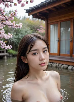 A pretty nude Japanese girl bath in lake, (pretty eyes:1.5), (pretty face:1.7), (perfect nose:1.5), slender body, (medium large breasts), wet hair, wet face, wet body, wet skin, autum, wooden house with a steeply pitched roof and large windows, vibrant flowers in shades of pink, purple, yellow, and orange, a calm lake reflecting the surrounding greenery and colorful blooms, an array of blooming flowers, cherry blossom trees with delicate pink blossoms, clear blue sky dotted with fluffy white clouds, <lora:Midjourney Image Enhancer XL v1:1>, <lora:japanese_girl_v1.1:.6>, <lora:GFMix_XL:.8>