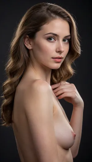masterpiece, best quality, (ultra-detailed photorealistic nude study of a stunning young woman:1.3), (feminine beauty in profile), (sense of vulnerability, intimacy, soft shy smile, uncertain expression, bashful), (flawless pale skin:1.1), (), minimalist composition, sharp focus at eyes and makeup details, textured dark charcoal grey studio background, subtle vignette, (dramatic cinematic lighting:1.2), strong key light illuminating the face, soft rim light creating difference, deep contrasting shadows, shot on A7R IV with 85mm f/1.4 lens, shallow depth of field, bokeh background, professional color grading, RAW photo quality, 8k UHD, insanely detailed, intricate details, award-winning photography, striking visual contrast, showing small tits
