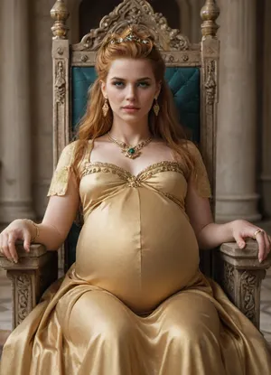 (Anna Henrietta), (sitting on throne), (palace), (exact faces), (witcher 3), (pregnant:1.6), (in clothes:2), (long gold dress:2), (jewelry:2), (rings:1.5)