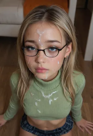 Pov looking down at a Skinny 18 year old blonde eurasian girl in tight cropped sweater and plaid skirt with firm breasts kneeling on the floor of a schoolroom, shoulder length blonde hair, black framed glasses, fake breasts, firm breasts, round breasts, perky breasts straining against tight sweater, (very skinny), 18 years old, (young:1.8), half asian, half british, flat midriff, sad, crying, black eyeliner, cateye makeup, unwanted cum, cumfacial55, cum, on, face, cumshot, cumfacial, excessive cum on face and sweater, lots of cum on face, loads of cum, cum in hair, cum on sweater, (cum facial:1.8), solo girl, cum on lips, facial, <lora:RMSDXL_Enhance:2>, <lora:568214_training_data:2>