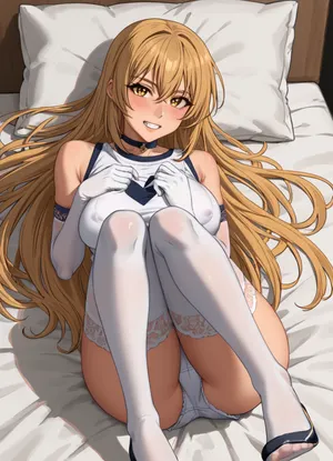 1girl 1other arms_behind_back ass bdsm blonde_hair bondage bound bound_feet bound_legs breasts brown_eyes choker clenched_teeth elbow_gloves from_above full_body gloves hair_between_eyes hair_spread_out heart heart_choker high_heels large_breasts long_hair looking_at_viewer lying nipples on_bed on_side panties pov pov_hands restrained solo_focus sparkling_eyes spider_web_print tape tape_bondage teeth thighhighs topless_female underwear very_long_hair white_gloves white_panties white_thighhighs, (((misaki shokuhou))), blonde hair, hair between eyes, long hair, symbol-shaped pupils, yellow eyes, bare shoulders, gloves, gym shirt, gym shorts, gym uniform, shirt, short shorts, shorts, sleeveless, sleeveless shirt, thighhighs, tokiwadai school gym uniform, white gloves, white shirt, white shorts, white thighhighs, (<lora:feng:1.6>), (<lora:Basuke-P3v1-NbVp10:1.6>)