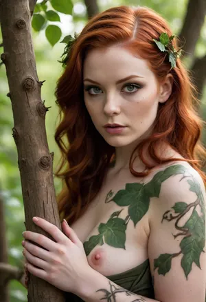 Poison Ivy, druid, pale skin, auburn hair, freckles, celtic tattoo, open robe, branches, leaves, penetrating branches, wood, face tattoo, (wooden branch in pussy:1.3)
