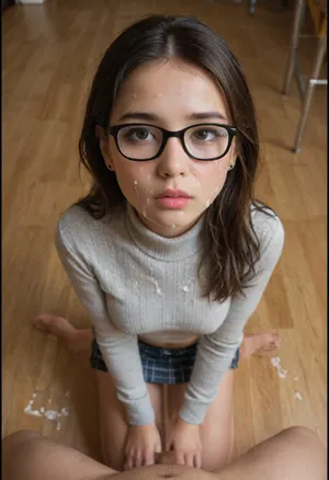 Pov looking down at a Skinny 18 year old brunette eurasian girl in tight cropped sweater and plaid skirt with firm breasts kneeling on the floor of a schoolroom, shoulder length brown hair, black framed glasses, perky breasts straining against tight sweater, (very skinny), 18 years old, (young:1.6), half asian, half british, flat midriff, sad, crying, black eyeliner, cateye makeup, unwanted cum, cumfacial55, cum, on, face, cumshot, cumfacial, excessive cum on face and sweater, lots of cum on face, loads of cum, cum in hair, cum on sweater, cum on lips, facial, <lora:RMSDXL_Enhance:1.3>