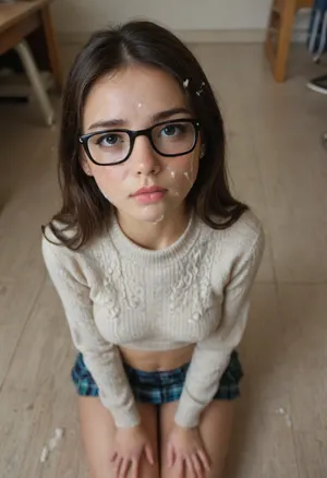 Pov looking down at a Skinny 18 year old brunette eurasian girl in tight cropped sweater and plaid skirt with firm breasts kneeling on the floor of a schoolroom, shoulder length brown hair, black framed glasses, perky breasts straining against tight sweater, (very skinny), 18 years old, (young:1.6), half asian, half british, flat midriff, sad, crying, black eyeliner, cateye makeup, unwanted cum, cumfacial55, cum, on, face, cumshot, cumfacial, excessive cum on face and sweater, lots of cum on face, loads of cum, cum in hair, cum on sweater, cum on lips, facial, <lora:RMSDXL_Enhance:1.3>