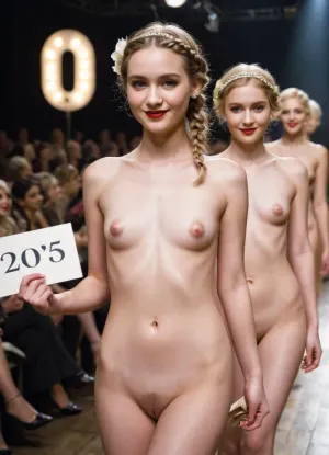 cute women walk along the catwalk, fashion show, (holding small sign with number in the 20s:1.2), 22 year old women with pale skin, braid, showing their naked bodies, small tits, smiles, catwalk, spotlights, <lora:ahxl_v1:.7>, 4ng3l, face, <lora:SDXL_BetterFaces-LoRA_v1:.5>