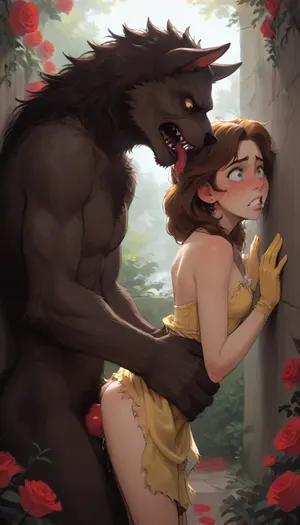 (Rose garden:1.4), High Quality, ((princess belle)), Werewolf fucked from behind, ferocious, bloodthirsty, ((side view)), hand pushing against wall, (chest pressed against wall), crying, clenched teeth, pained expressions, sex, high quality, high definition, absurd, (looking from behind), (cheek against wall), chest against wall, scared expression, cream pie, vaginal, standing sex, tit grabbing, flat chest, small tits, perfect face, moaning, orgasm face, sex position, pierced, anal, fellatio, other position, dynamic action, dynamic position, dynamic angle, werewolf licking girl, lifting her in the air, werewolf hands on chest, incase, style, front view, torn yellow dress, yellow gloves, brown eyes, half-down hair, Brown hair, (EdobWerewolf, dog penis, dog knot), drool, <lora:Animated_Concept:.6>, <lora:hentai_anime_style_xl_v1:1>, <lora:outline_xl_kohaku_delta_spv5x:.8>, <lora:NEOTOKIOXL_0.2_RC:.8>, <lora:EdobWerewolf_XL_v1.0:.8>