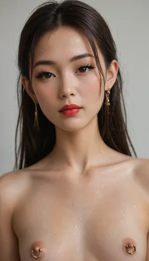 (Asian:2.5), girl, standing like a model, (Close-up of girl:1.5), (look at me:1.4), (long earrings:1.4), bright red lipstick, small breasts, long big eyelashes, (((long straight smooth hair))), ((naked naked)), (((18 years old))), 1girl, (((slender long legs))), (((front view))), (face), innocent look, (focus very hairy pussy visible, vagina anal), (gold pierced nipple rings:1.7), (very wet dripping crotch:1.7), masterpiece, (maximum quality:1.4), (maximum detail:1.4), full body view, legs view
