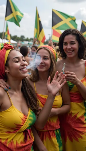 A cluster of women laughing under the Jamaican sun, their vibrant headwraps and tie-dye dresses mirroring the kaleidoscope of reggae flags fluttering behind them. One leans back, eyes half-closed as she exhales a slow curl of ganja smoke that mingles with the hazy golden light, another passes a hand-rolled spliff, her fingers stained with henna while a third tilts her face skyward, dreadlocks spilling over her shoulders as the bassline pulses through the crowded festival grounds. Sweat glistens on their skin like scattered jewels.