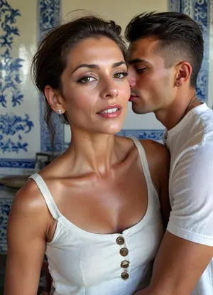 (woman 48 years old, full frontal view, (in front of blue and white azulejos tiles:1), face like brigitte hielsen, very big retrousse tits, wide angle picture, hyperrealistic, cinematic, best quality, 8k, light brunette hair, slicked back hair, feminine elegant pixie mohawk cut hair, warm smile, dark tanned skin, sexy elegant vamp, very fit body, very skinny, basic white linen summer kurta with button placket unbuttoned over the entire length open, extraordinary native american silver jewelry, skin pores, blemishes, wrinkles, wrinkles around eyes, tall, short-cut hair, pixie-cut, buzz-cut, shredded, woman, style, dark, skin), (18 year old young man, innocent face), woman kissing young man, french, kiss, but, <lora:A_SHort_Cut_v3_SDXL:.7>, <lora:Darker_skin_SDXL:.9>, <lora:476613_training_data:1.6>, <lora:BUT_SDXL_SHS:.4>