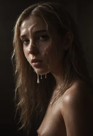 ((tits visible)), ((side view)), ((hippie)), (beauty:1.8), (blonde hair), (bangs:1), (green eyes), (hairy pussy visible:1.2), (wet hair:1.7), (bangs:1.3), (detailed cum:1.5), (extreme cum on face:1.6), (cum on lips:1.2), (open mouth:1), (cum dripping:1.3), cum flows, (imperfect skin:1.2), <lora:dark:.8>, (dramatic lighting:1), <lora:Sweaty_Realism_4-000006:1.5>