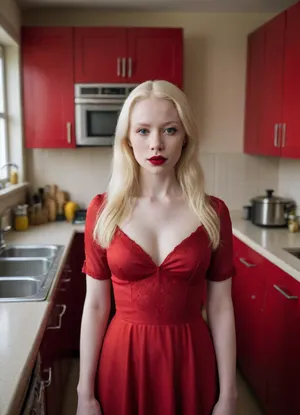 25 year old albino girl, standing in kitchen, blonde long hair, wearing red crimson dress, red lipstick, full body view, breasts are visible
