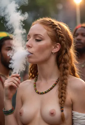 night scene, 8k, best quality, (masterpiece), (intricate details), perfect eyes, perfect face, music festival, stage, crowds, beautiful, high detail, octane render, upper body shot, detailed eyes, (gorgeous ginger woman lighting a joint, thick white smoke, smoke rising, head back, eyes closed, braided ginger hair tied back, naked, Rastafarian beads, necklaces, wrist bands, hippie, small breasts), campfire, music festival background, Jamaican flags, bokeh, j01nt, <lora:450934_training_data:.8>, VapeXL, <lora:VapeXL-08:.8>