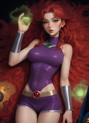masterpiece, best quality, high resolution, hires, score_9, score_8_up, score_7_up, score_6_up, (DC comics titans starfire:1.4), bright purple two piece skin tight top and short shorts, long red flowing hair, green eyes, slim body, big breasts, using green magic, ratatatat74, incase style, fantasy, ohxw, red, hair, green, eyes, <lora:287175_training_data:1.3>, <lora:ratatatat74-000050:1.3>, <lora:1star-000004:1.3>