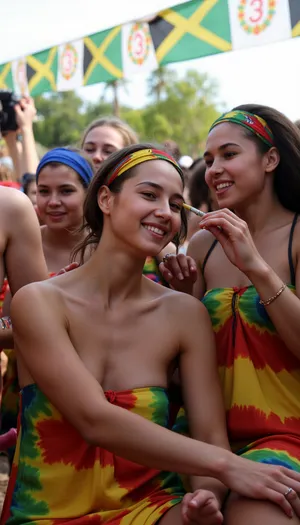 A cluster of women laughing under the Jamaican sun, their vibrant headwraps and tie-dye dresses mirroring the kaleidoscope of reggae flags fluttering behind them. One leans back, eyes half-closed as she exhales a slow curl of ganja smoke that mingles with the hazy golden light, another passes a hand-rolled spliff, her fingers stained with henna while a third tilts her face skyward, dreadlocks spilling over her shoulders as the bassline pulses through the crowded festival grounds. Sweat glistens on their skin like scattered jewels.