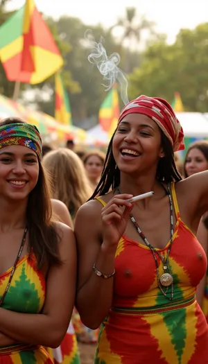 (Masterpiece, 8k, ultra realistic, high quality photography, hdr, High resolution, perfect image composition), A cluster of women laughing under the Jamaican sun, their vibrant headwraps and tie-dye dresses mirroring the kaleidoscope of reggae flags fluttering behind them. One leans back, eyes half-closed as she exhales a slow curl of ganja smoke that mingles with the hazy golden light, another passes a hand-rolled spliff, her fingers stained with henna while a third tilts her face skyward, dreadlocks spilling over her shoulders as the bassline pulses through the crowded festival grounds. Sweat glistens on their skin like scattered jewels