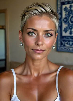 (woman 55 years old, full frontal view, (in front of blue and white azulejos tiles:1), face like brigitte hielsen, very big retrousse tits, wide angle picture, hyperrealistic, cinematic, best quality, 8k, light blonde hair, slicked back hair, feminine elegant pixie mohawk cut hair, warm smile, dark tanned skin, sexy elegant vamp, very fit body, very skinny, basic white linen summer kurta with button placket unbuttoned over the entire length open, extraordinary native american silver jewelry, skin pores, blemishes, wrinkles, wrinkles around eyes, tall, short-cut hair, pixie-cut, buzz-cut, shredded, woman, style, uberfit, dark, skin), (18 year old young man, innocent face), woman kissing young man, french, kiss, but, uberfit, muscular, athletic, <lora:A_SHort_Cut_v3_SDXL:.7>, <lora:Darker_skin_SDXL:.9>, <lora:476613_training_data:1.6>, <lora:BUT_SDXL_SHS:.8>, <lora:uberfit_lora_sdxl:.8>