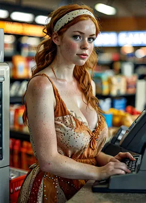 super busty sexy Natural Ginger 26 yo. freckled pale skin, super massive breasts, supermarket employee sitting at the cash register machine in a Walmart supermarket at a shopping belt, collecting at the supermarket checkout, Beautiful model face, Wearing a tunic and a headband, fully clothed, <lora:milkers_v2:.6>, <lora:MJ52:.5>, <lora:style_lora_realis:.8>, <lora:PAseer-SDXL-AcceleratorLighting:.8>