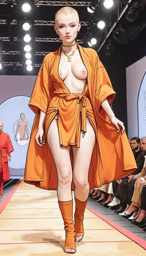 ((Thick outline:1.4), (cartoon style:1.5)), ((Hentai)), lineart, line, art, low angle, (shaved head, in ginger Tibetan robe, perky nipples, sexy walking at catwalk podium, An expensive Milan's high-fashion event, with cameras flashing, crowded hall), wystyle, <lora:cartoon_stickers_xl_v1:.7>, <lora:outline_xl_kohaku_delta_spv5x:1.6>, <lora:NEOTOKIOXL_0.2_RC:.5>, <lora:望月style:1.8>