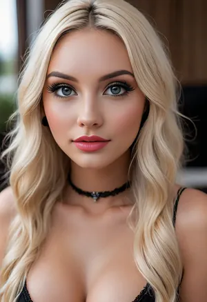 score_9, score_8_up, realistic directional lighting, gentle bokeh, ambient occlusion, 18 year old girl, 4ng3l face, very thick long wavy platinum blonde hair, ((full make-up:1.6)), huge blue eyes, ((long thick black false eyelashes:1.8)), ((heavy black eyeliner:1.2)), tiny nose, full plump lips, cupid's bow lips, ((pouting:1.3)), dark pink lipstick, ((extremely glossy shiny lustrous lips:1.8)), pearl choker, sexyblonde, <lora:MJ52:1.1>, <lora:attractive_notrigger:2>, <lora:DetailedEyes_V3:2>, <lora:sexyblonde:2>