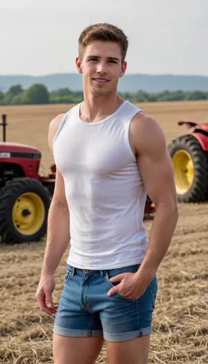 Standing next to a tractor on a farm. The lanky boy is certainly muscular, a young and muscular farm boy, in his early twenties. he has short brown hair, (a white t-shirt:1.3), tight shorts. While lean, the 21 year old boy is basketball and baseball player, and it shows. Nice pecs fill the white sleeveless t-shirt he wears, and his shorts really highlight both his smooth bubble butt and his noticeably packed crotch. Seductively smiling, hay field in the background, erotic, seductive, full body, hot, gay, sexy, teeth, braces, <lora:TeethXL:.4>