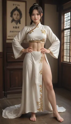a Chinese woman with huge penis, having a yinyang symbol pattern visible tattoo on her belly, brunette hair, ponytail, warm smile, athletic body, abs, muscular definition, dynamic pose, hands on hips, waist level shot, detailed background of a ancient chinese room, full body view, erect futa, erect penis, testicles, erection, tang, style, dynasty, high detailed body, high detailed clothes, photorealistic, ultra high res, woman, wearing partially undressed Kung fu style ancient Chinese robes and ancient Chinese skirt, bare feet