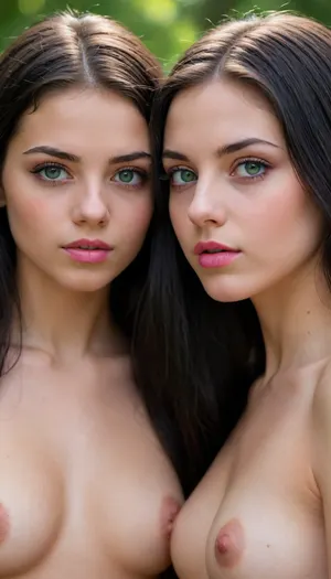 (((Two 18 year old girls))), two younger girls, naked, long black hair, pink lipstick, green eyes, (masterpiece), (detailed), super hot face