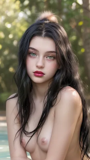 (((Two 18 year old girls))), two younger girls, naked, long black hair, pink lipstick, green eyes, (masterpiece), (detailed), super hot face