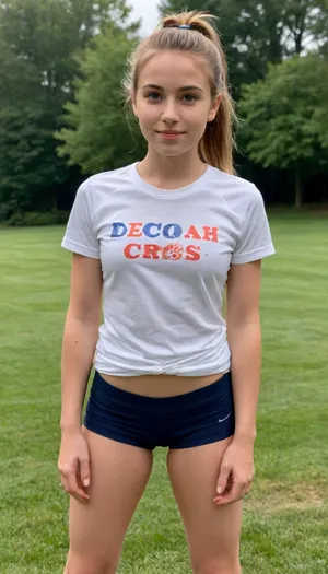 Young Girl standing upright with both arms bent and hands placed firmly on her hips, elbows sharply angled outward. She wears a loose white oversized t-shirt with bold red text across the chest that reads “DECORAH” and blue block letters underneath reading “GRLS CROSS COUT.” The shirt hangs low and falls over most of her dark navy athletic shorts. Her legs are straight and shoulder-width apart, exposing toned thighs with light definition and smooth knees, transitioning to long lower legs. She wears white ankle socks and flat white athletic sneakers with visible tied laces. Her skin has a soft peach-beige tone, and her build is slim and athletic, with a narrow frame. Her light brown hair is pulled back into a practical mid-level ponytail, with a few wisps loose around her temples. Her face is long and oval with smooth cheeks, light natural eyebrows gently drawn inward with steady focus, a small softly sloped nose, calm hazel eyes turned slightly to her left, and closed lips forming a neutral expression. She stands upon a bright green trimmed field with a short stone border behind her and dense leafy shrubs in the background. Ambient natural daylight softens all shadows., (photo-realistic), (confident athletic posture), ((natural expression and face detail)), ((slim and toned proportions)), (((soft outdoor lighting))), (small_breasts)