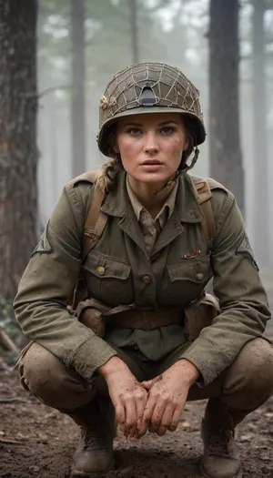 Beautiful female WWII American paratrooper, strong and determined with an athletic build. Wearing authentic World War II paratrooper uniform, M1942 paratrooper jacket, web gear, grenades, boots, and jump helmet with netting. Face smeared with mud and camouflage paint, hair tucked under helmet, expression fierce but compassionate. Armed with an M1A1 carbine, standing in the ruined streets of Normandy or a foggy forest after a drop, tracer fire in the distance. Ultra-realistic cinematic war photography style, highly detailed, muted gritty colors, dramatic lighting, atmosphere of courage and sacrifice.