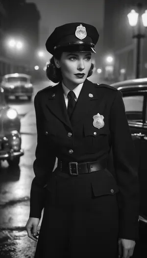 (Monochrome photograph:1.5), Beautiful female 1940s Chicago police officer, confident and composed with classic mid-century elegance. Slim but strong build, fair skin, bold lipstick, neatly styled 1940s hair tucked under a police cap. Wearing an authentic 1940s Chicago police uniform, navy jacket with brass buttons, badge pinned to chest, skirt or slacks with leather belt and holster. Standing on a rainy Chicago street at night beside a vintage patrol car, smoke rising from a manhole. Shot in authentic 1940s photography style, black and white, (grainy film texture:1.3), subtle sepia tones, soft focus, dramatic noir lighting, realistic period accuracy.