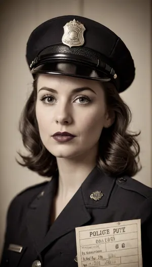 (Monochrome photograph:1.5), (film grain:1.5), Beautiful female 1940s Chicago police officer in a vintage police mugshot style photo. Slim but strong build, fair skin, bold lipstick, hair neatly styled in 1940s waves under a tilted police cap. Wearing an authentic 1940s Chicago police uniform, navy jacket with brass buttons and badge. Shot up against a plain wall with height chart markings, holding a vintage mugshot placard with serial numbers. Black and white photography, grainy 1940s film texture, harsh flash lighting, slightly faded and worn look, authentic period accuracy.