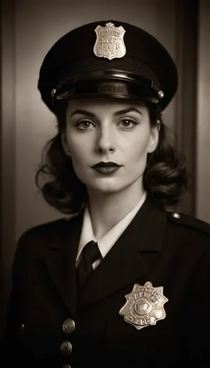 (Monochrome photograph:1.5), (film grain:1.5), Beautiful female 1940s Chicago police officer in a vintage police mugshot style photo. Slim but strong build, fair skin, bold lipstick, hair neatly styled in 1940s waves under a tilted police cap, large bimbo breasts. Wearing an authentic 1940s Chicago police uniform, navy jacket with brass buttons and badge. Shot up against a plain wall with height chart markings, holding a vintage mugshot placard with serial numbers. Black and white photography, grainy 1940s film texture, harsh flash lighting, slightly faded and worn look, authentic period accuracy.