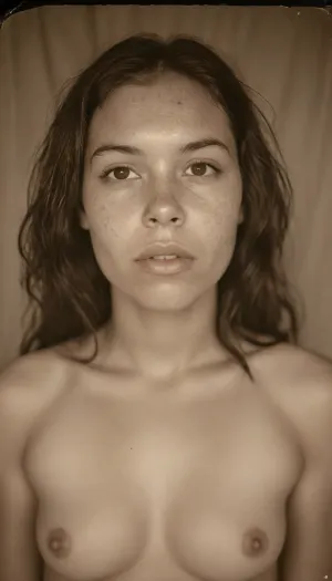 (attractive woman:1.3), (19 years old:1.6), mixed blasian girl, (indigenous native american:1.2), (pussy is visible:1.5), ((19th century vintage explorer photography:1.5), black and white picture, sepia, high film grain, developed film, tintype, dry plate, Daguerreotype, grainy, real, (facing camera:1.2)), western pioneer camp setting, 1girl, dark-skinned female, international, immigrant, massive black hair, exotic latina, naked, nude, no clothing, hispanic, thick, full body view, diverse complexion, head to toe in image, extremely curvy, chubby, obese, full body, large figure, black and white photo, old polaroid, detailed eyes, freckles, ultra detailed, skin texture, highly detailed, extreme quality, old photography, 50mm, (1900's photo flash), (slightly overexposed:2), angled facial features, round head, ((awkward angle:1.9)), ((composition is lacking)), (nighttime), (no ambient light), (single harsh flash from the camera), (overexposed flash highlights subject), (sharp shadows behind and around her), (noise in all darker areas), (wet surfaces reflecting small highlights), (flat lighting due to direct flash), (film photograph:1.3), (cyan-tinted shadows from analog camera sensor), (fluorescent-like artificial lighting tint), (background remains visible due to flash, but lacks blur or depth), (low quality photo), (old camera), (flash photo), wearing glasses, (gritty), (realistic environment), (analogic style), (film grain), (low contrast), (unfiltered), (jpeg artifacts), (unedited), (no ambient lighting), (lights off), (Polaroid flash camera), (cool indoor lighting), (direct flash photography), (overexposed flash), (strong shadows), (sharp shadows), (low contrast:2), (noise in dark areas), (shiny reflection on surfaces), (sharp background), (background in focus), (no background blur), (clear background details), (sepia shadows), (artificial lighting with sepia hue), (tribal-Queen), (printed picture), (bad quality), (old digital camera), (raw), (light leak), (low res), (low quality), (1800s style), (1920s), igbaddie wide, polaroid, film, photography, longnightout, <lora:add-detail-xl:1>, <lora:Polaroidv2:2>, <lora:MJ52:1.5>, <lora:ThePitXL:1.5>, <lora:late night out_epoch_12:1.7>