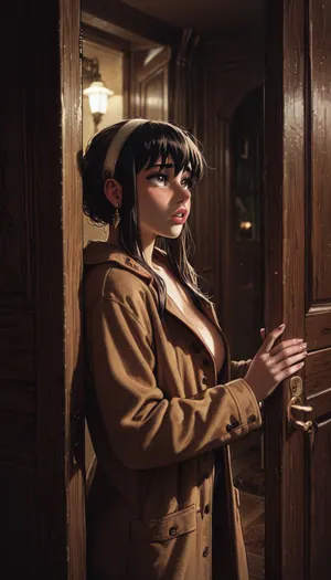 Yor Briar, night time, building interior, (Yor knocking on a wooden door of an apartment), wearing brown rain coat black, she is worried, Melkor Mancin artstyle, score_9, score_8_up, score_7_up, <lora:outline_xl_kohaku_delta_spv5x:1.9>, <lora:AshMilkshake_Illustrious_v1:1.1>, <lora:NEOTOKIOXL_0.2_RC:.5>, <lora:Ppolar-P3v1-NbVp10:.8>, <lora:dark:.5>