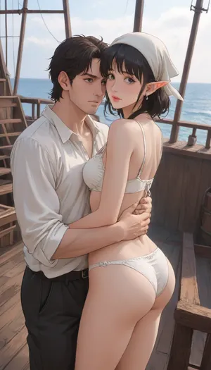 A human male. and a short and thin elf girl standing on the deck at the helm of a wooden ship. 19th century, fantasy world. A human male, tall, handsome face, crop haircut, black hair, black . Dressed in Corsair clothes, headscarf. A short and thin elf girl standing hugging a man, she is wearing a torn dress, bra and panties are visible, she has small and a butt. Sea, ship black pearl., <lora:outline_xl_kohaku_delta_spv5x:1.6>, <lora:NEOTOKIOXL_0.2_RC:.7>, <lora:Ppolar-P3v1-NbVp10:1.6>, <lora:cartoon_stickers_xl_v1:1.2>, <lora:EnvyStylizedXL01:1.8>
