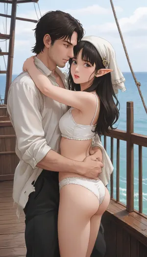 A human male. and a short and thin elf girl standing on the deck at the helm of a wooden ship. 19th century, fantasy world. A human male, tall, handsome face, crop haircut, black hair, black . Dressed in Corsair clothes, headscarf. A short and thin elf girl standing hugging a man, she is wearing a torn dress, bra and panties are visible, she has small and a butt. Sea, ship black pearl., <lora:outline_xl_kohaku_delta_spv5x:1.6>, <lora:NEOTOKIOXL_0.2_RC:.7>, <lora:Ppolar-P3v1-NbVp10:1.6>, <lora:cartoon_stickers_xl_v1:1.2>, <lora:EnvyStylizedXL01:1.8>