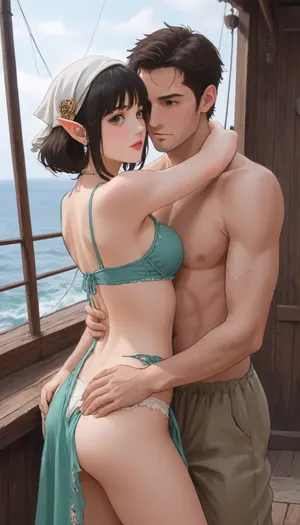 A human male. and a short and thin elf girl standing on the deck at the helm of a wooden ship. 19th century, fantasy world. A human male, tall, handsome face, crop haircut, black hair, black . Dressed in Corsair clothes, headscarf. A short and thin elf girl standing hugging a man, she is wearing a torn dress, bra and panties are visible, she has small and a butt. Sea, ship black pearl., <lora:outline_xl_kohaku_delta_spv5x:1.6>, <lora:NEOTOKIOXL_0.2_RC:.7>, <lora:Ppolar-P3v1-NbVp10:1.6>, <lora:cartoon_stickers_xl_v1:1.2>, <lora:EnvyStylizedXL01:1.8>