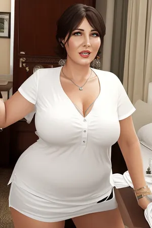 Chubby mature woman, moxy in white low-cut v-neck shirt, (hotel room:1.1), (photorealistic:1.2), best quality, <lora:Moxy:.5>