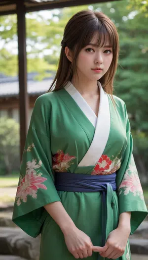 masterpiece, best quality, amazing quality, very aesthetic, absurdres, newest, semi-realism, anime style, cel shading, field of depth, KaoriTower, 1girl, brown hair, long hair, straight hair, blunt bangs, green eyes, kimono_outfit, green kimono, layered kimono, dark underlayer, Upperbody, full lips, smirk, Outside, sun, Japanese setting, dojo, blue sky