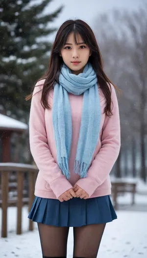 anime screencap, anime coloring, detailed face, masterpiece, best quality, very aesthetic, absurdres, volumetric lighting, official style, amazing quality, ultra detailed, highres, 1girl, solo, yuki kaizuka, long hair, black hair, brown eyes, mature female, medium breasts, white sweater, turtleneck, winter coat, brown coat, scarf, pink scarf, pale blue miniskirt, pleated miniskirt, black pantyhose, hands together, winter boots, cowboy shot, outdoors, cold, night, winter, snow, falling snow, upper body, close up, parted lips, blush, steam, depth of field, sharp, high contrast, dynamic light