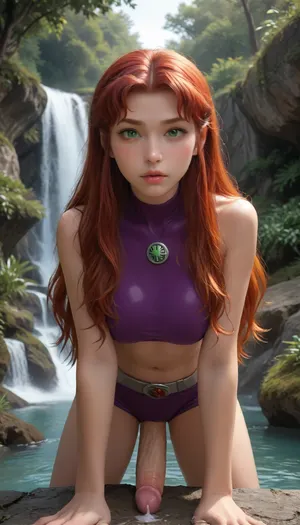 masterpiece, best quality, high resolution, hires, score_9, score_8_up, score_7_up, score_6_up, (DC comics titans starfire:1.4), bright purple two piece skin tight top and short shorts, long red flowing hair, green eyes, slim body, big breasts, perky gumdrop nipples, bright red pussy hair, big bush, starfire using green magic, (starfire is on bent over receiving a cumshot to the back from a different black haired futa woman), (futa on futa:1.3), massive futa penis, explosive backshot, cum on faces, cum on back, cum pouring out of asshole, waterfall and jungle in background, detailed background, close up, ratatatat74, incase style, anime fantasy, ohxw, red, hair, green, eyes, <lora:287175_training_data:1.5>, <lora:ratatatat74-000050:1.5>, <lora:1star-000004:1.5>, <lora:209970_training_data:1.5>