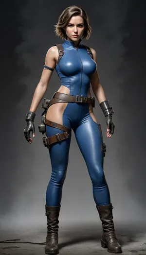 Fallout, Vault Girl, blue jumpsuit with leather shoulder harness and leather protective pads, long legs, symbolism, full-length, sketch, graphic, gray-brown, black background, smoke, cell-shading, traces of movement visualization, acceleration effect, Wet watercolor sketch streaks, Cyberpunk, Grunge, The harsh strokes of eroticart, Arush Votsmush