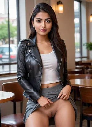 A modern beautiful Indian 18 yr girl sitting in a cafe, shaved pussy, white top and leather jacket, nude bottom, full legs visible including her heels, black high heels, sexy legs, realistic pic, innocent look, skirtlift, 8k resolution, sitting, flashing pussy, no panties, bare pussy, long shot, full body pic, feet visible, legs open, <lora:skirtlift_xl:.5>